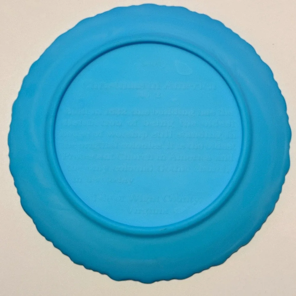 Fenton 1971 Christmas in America #2 Old Brick Church Blue Satin Glass Plate 8in